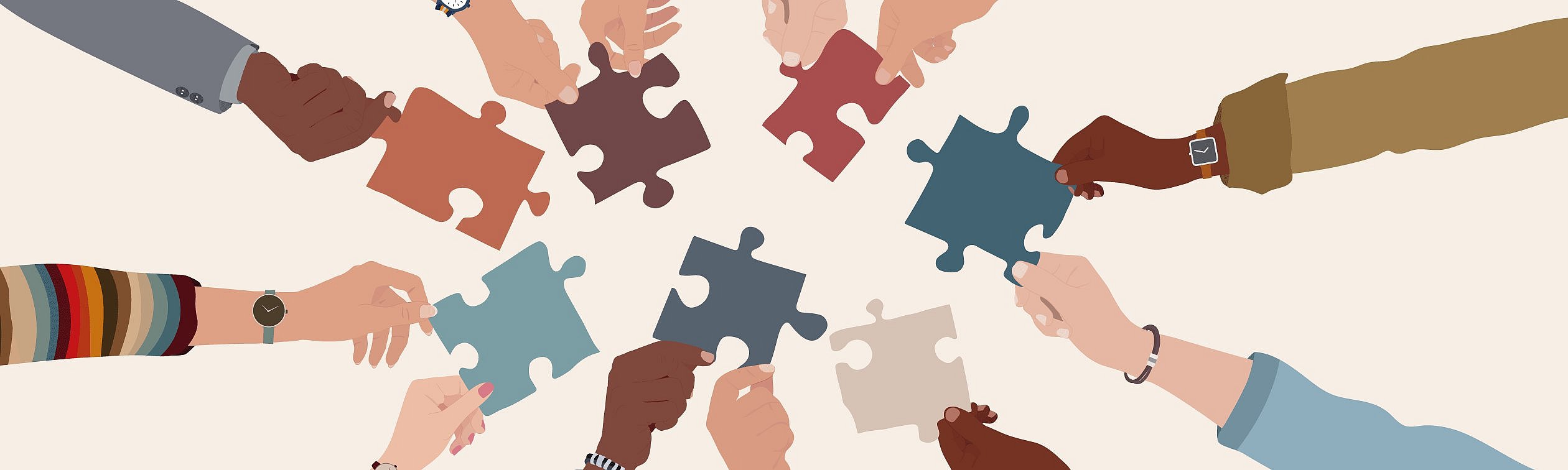 Illustration von Händen, die einen Kreis bilden und Puzzlestücke in die Mitte halten.