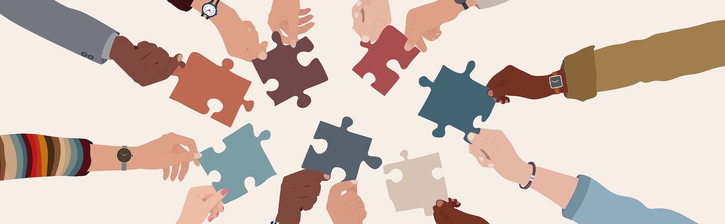 Illustration von Händen, die alle ein Puzzleteil in die Mitte halten